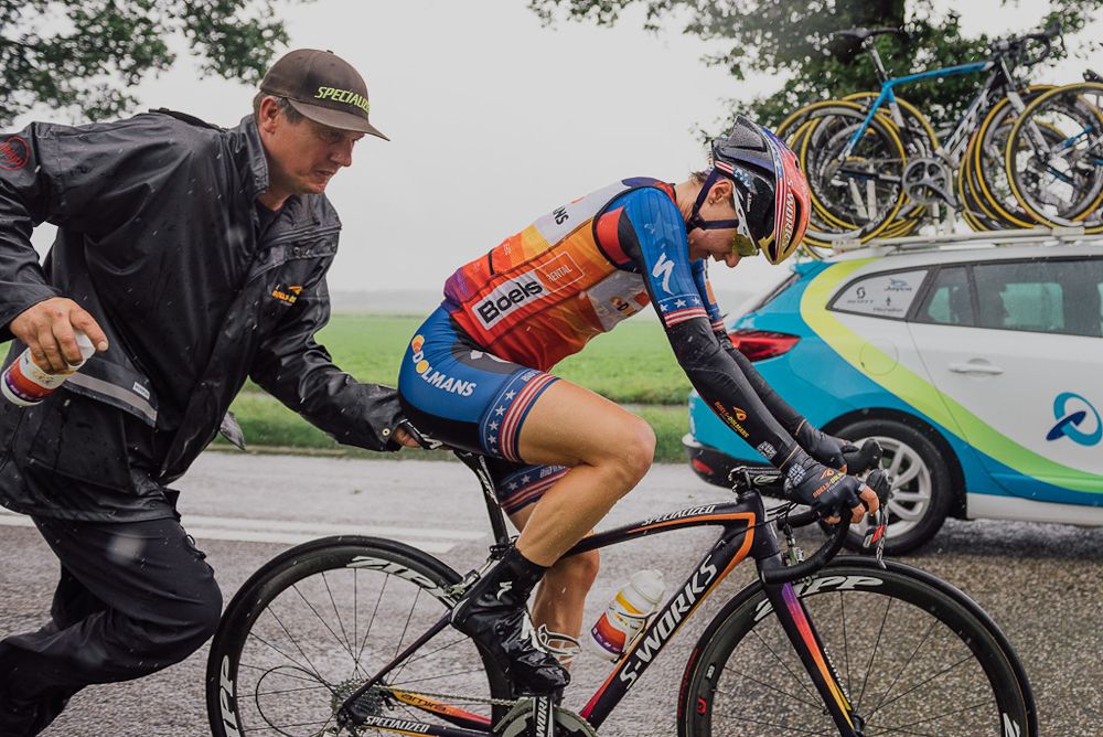 Megan Guarnier gets a mehanical service.