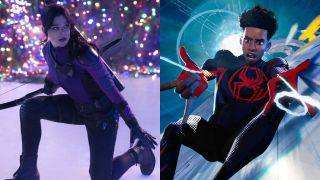 From left to right: Kate Bishop posing on her knee in Hawkeye and Miles Morales slinging web in Spider-Man Across the Spider-Verse.