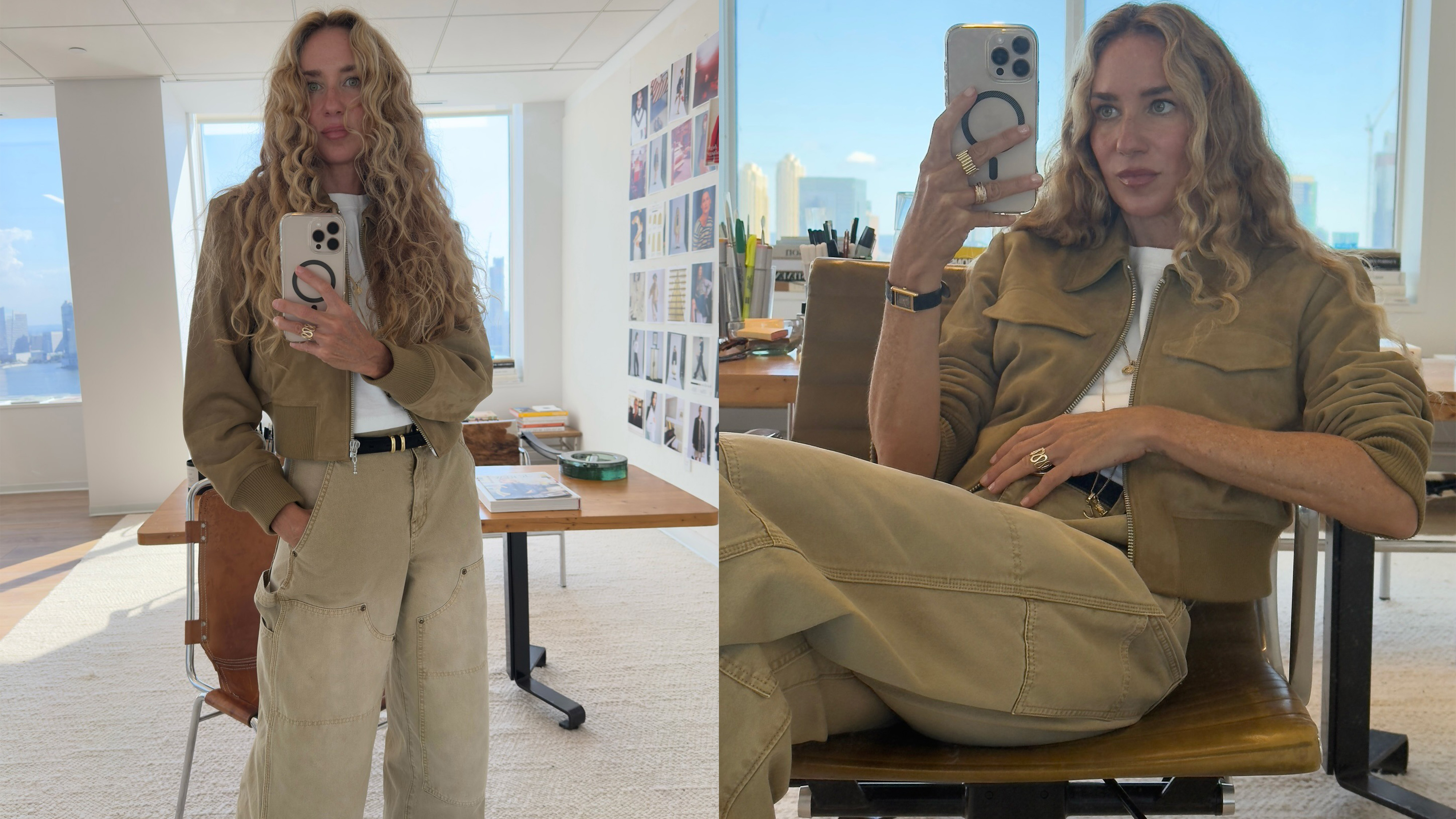 Olympia Gayot wearing a J.Crew suede bomber jacket and J.Crew khaki painter jeans. 