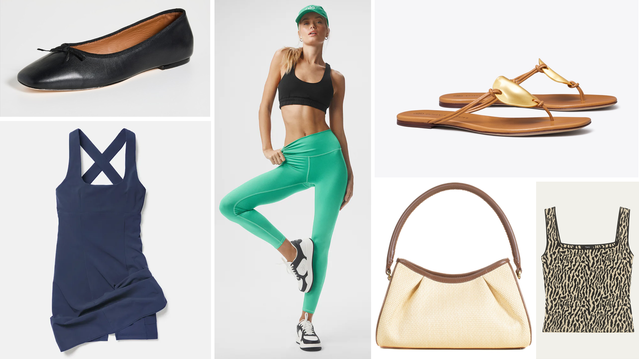 product collage of reformation ballet flats, outdoor voices dress, alo yoga airlift leggings, tory burch patos sandals, ELLEME Dimple Raffia Shoulder Bag, Theory Bristol Cotton Printed Square-Neck Tank Top