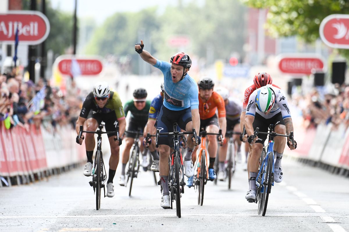Picture by SWpix.com - 09/09/2021 - Cycling - AJ Bell Tour of Britain Stage 5 - Alderley Park to Warrington, England - Ethan Hayter of INEOS Grenadiers (Wearing the Sportsbreaks.com Points Jersey) wins stage five of the AJ Bell Tour of Britain