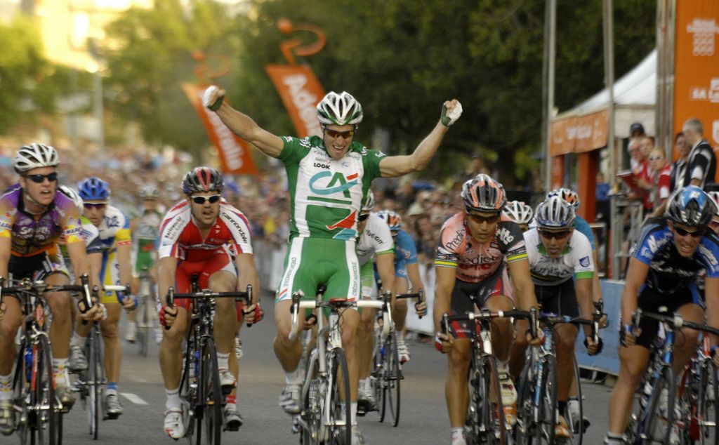 Mark Renshaw celebrates winning a stage of the Tour Down Under during his Cr&eacute;dit Agricole days