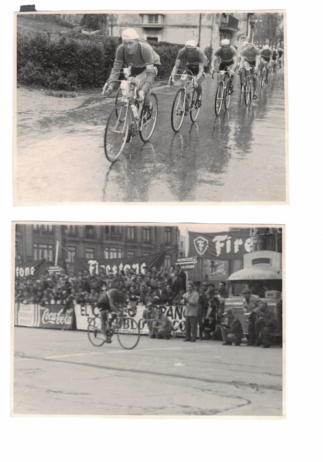 Two more images of the 1956 Vuelta: above, Jean Robic leads the bunch in rain and below an unidentified rider crosses a finish line.
