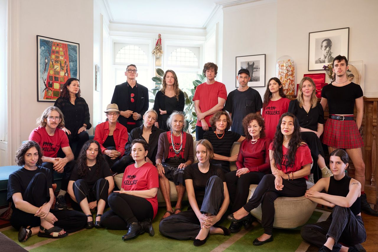 Members of activist group PAIN photographed in Nan Goldin’s Brooklyn apartment in May 2023