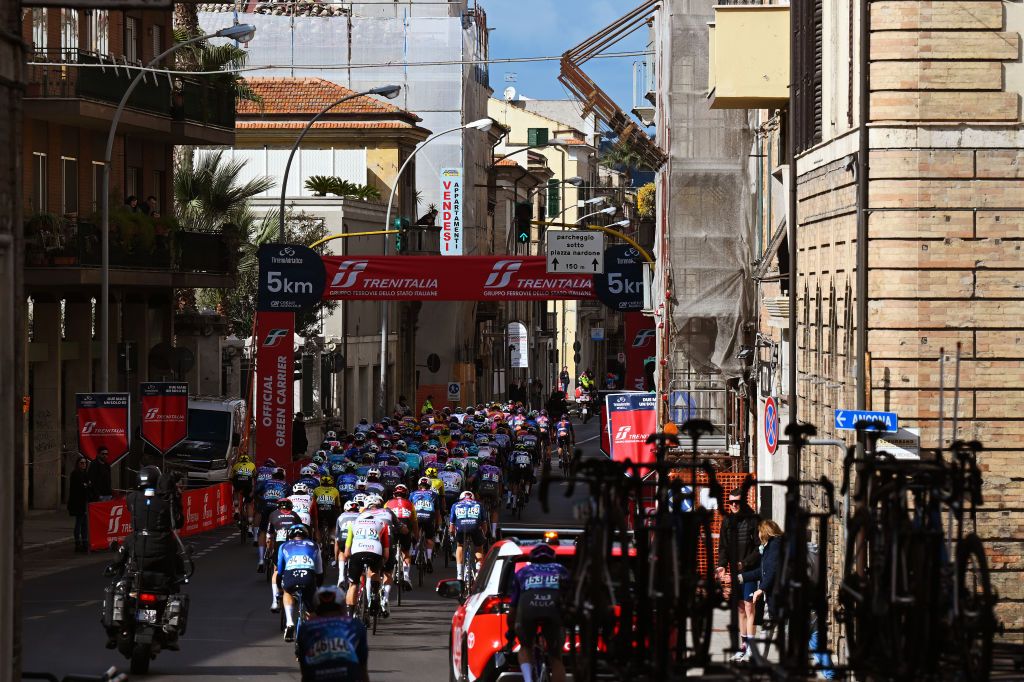 SAN BENEDETTO DEL TRONTO ITALY MARCH 16 A general view of the peloton competing during the 60th TirrenoAdriatico 2025 Stage 8 a 147km stage from Porto Potenza Picena to San Benedetto del Tronto UCIWT on March 16 2025 in San Benedetto del Tronto Italy Photo by Tim de WaeleGetty Images