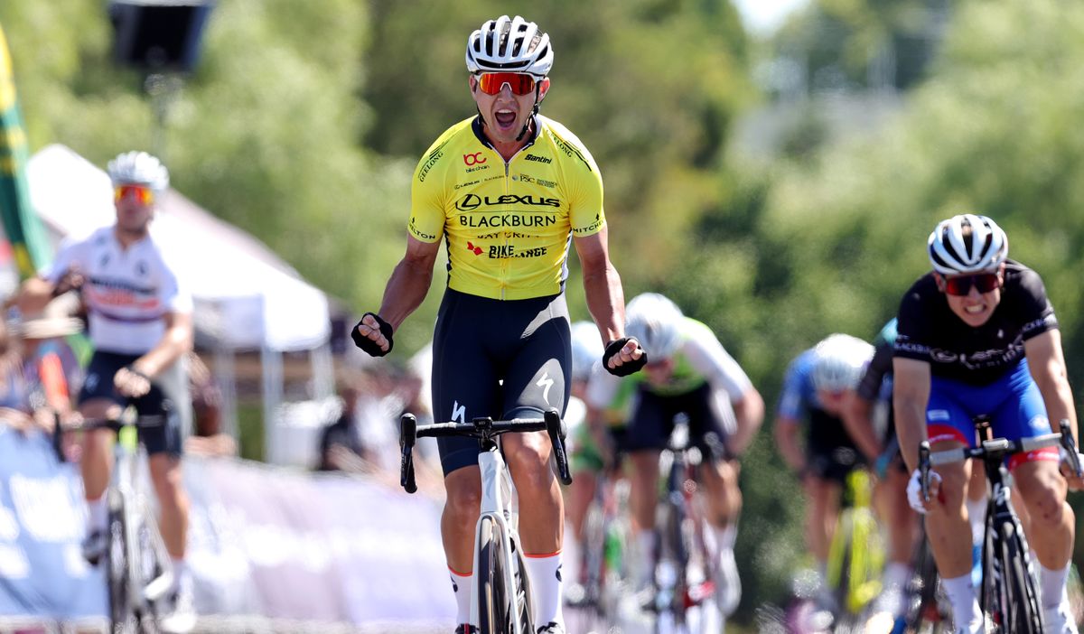 Blake Quick celebrates his win during the Mens Elite Lexus of Blackburn 2022 Bay Crits on January 9 2022 at Eastern Garden Geelong Australia Photo by Con Chronis