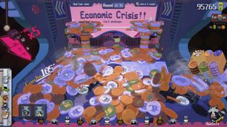 A screenshot from RACCOIN: Coin Pusher Roguelike showing a coin pusher game.