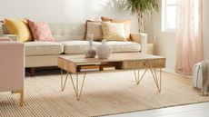 A modern living room with hairpin leg wooden coffee table and pink yellow and cream cushion decor