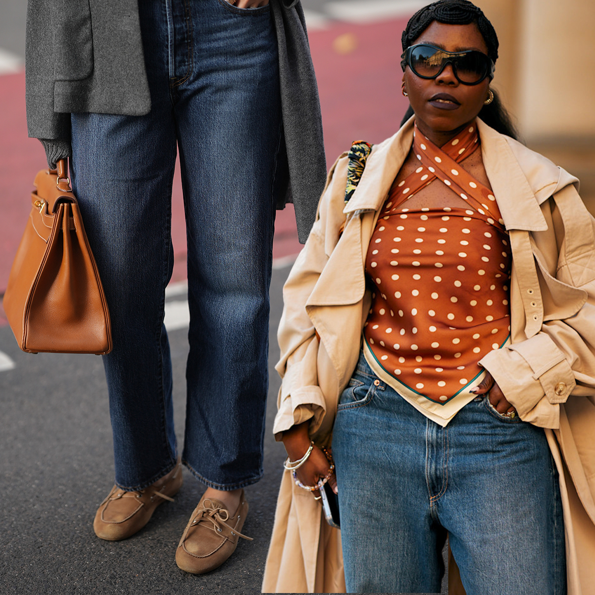 The first image is of a woman in a beige trench coat at Paris SS 26 in jeans and a silk orange top. The second image is of Patricia Wirschke in a pair of straight-leg jeans, suede boat shoes, a grey wool coat, and a camel brown leather “Kelly 32” Hermès handbag. 