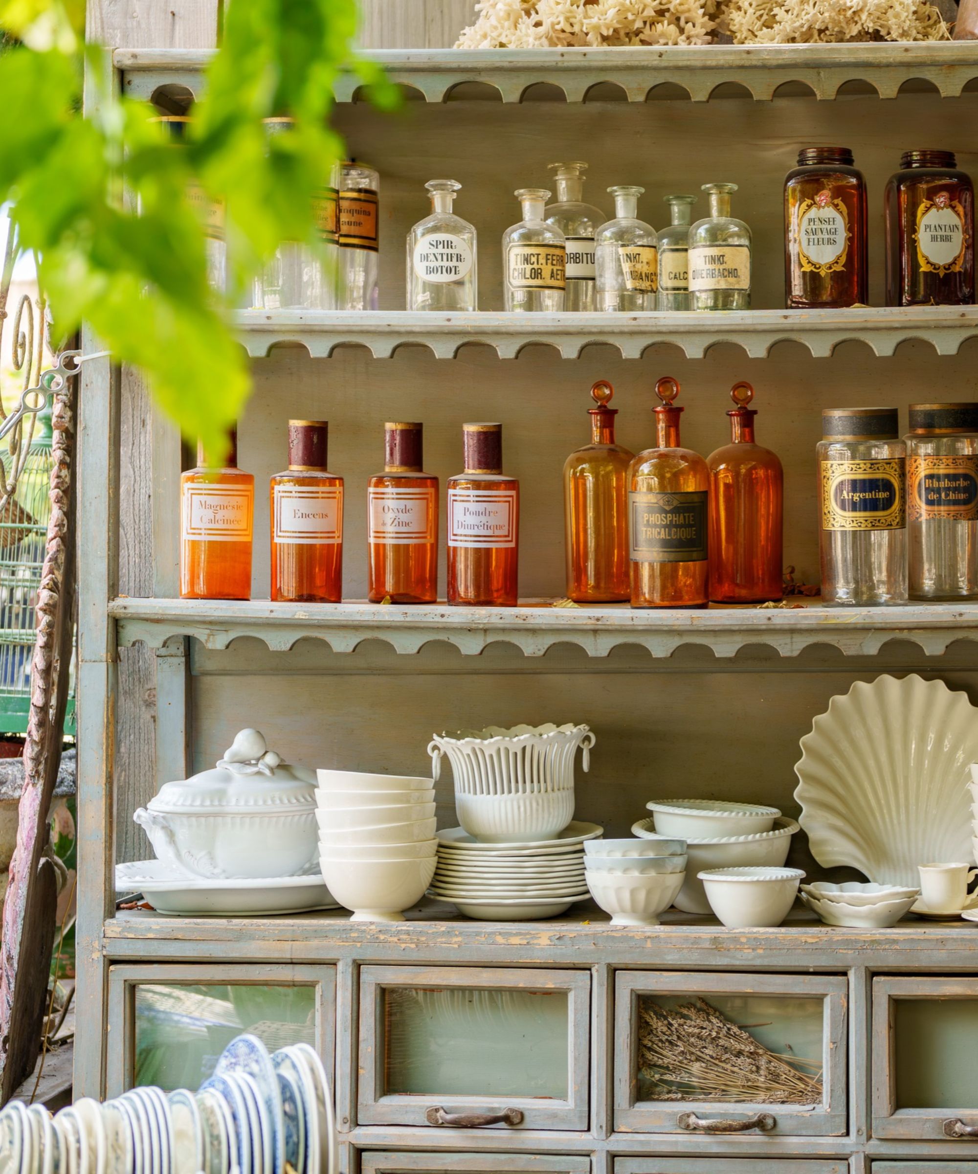 Mercantile antiques from French brocante including old chemist bottles, Chez Pluie