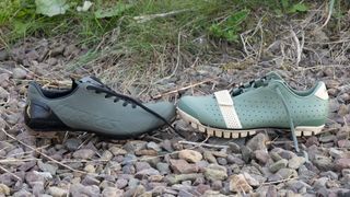 Rapha and Specialized gravel shoes next to each other on gravel