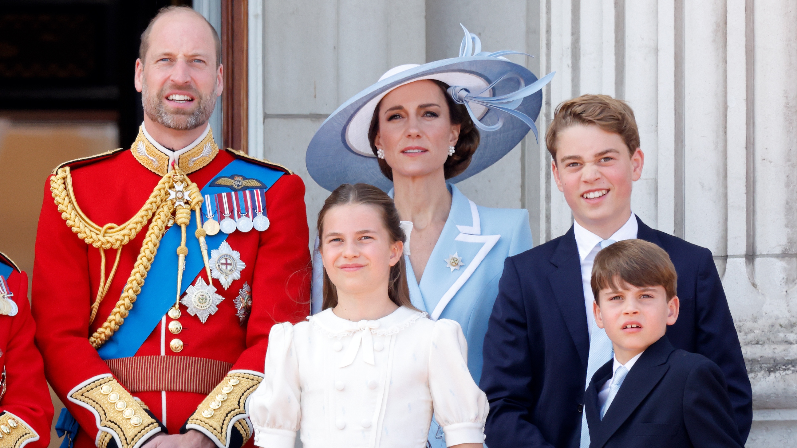 Prince William, Catherine, Princess of Wales, Princess Charlotte, Prince George and Prince Louis watch an RAF flypast from the balcony of Buckingham Palace on June 13, 2026