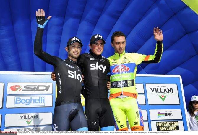 The overall podium: Dario Cataldo (Sky), Pete Kennaugh (Sky) and Matteo Rabottini (Neri Sottoli-Yellow Fluo)