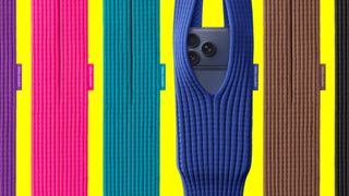 The iPhone Pocket accessory on a yellow background