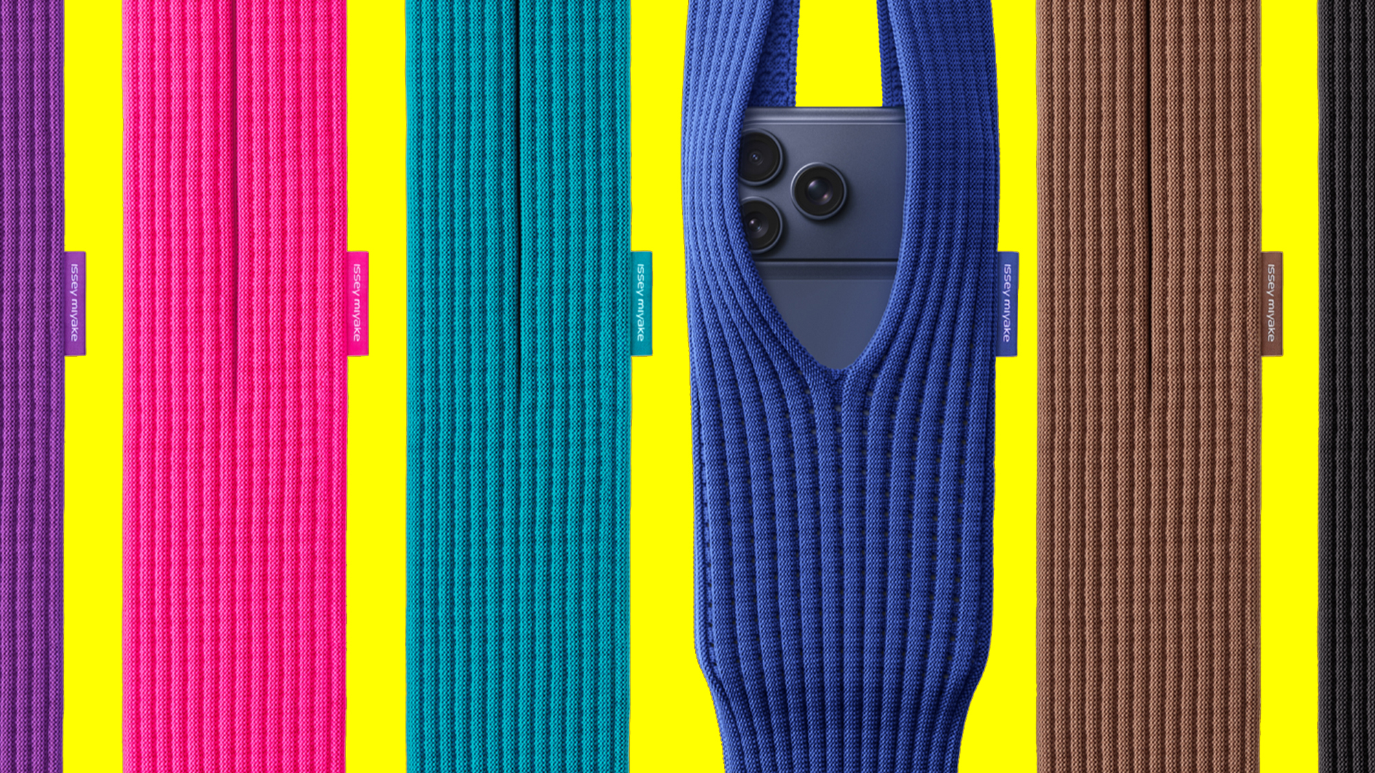 The iPhone Pocket accessory on a yellow background