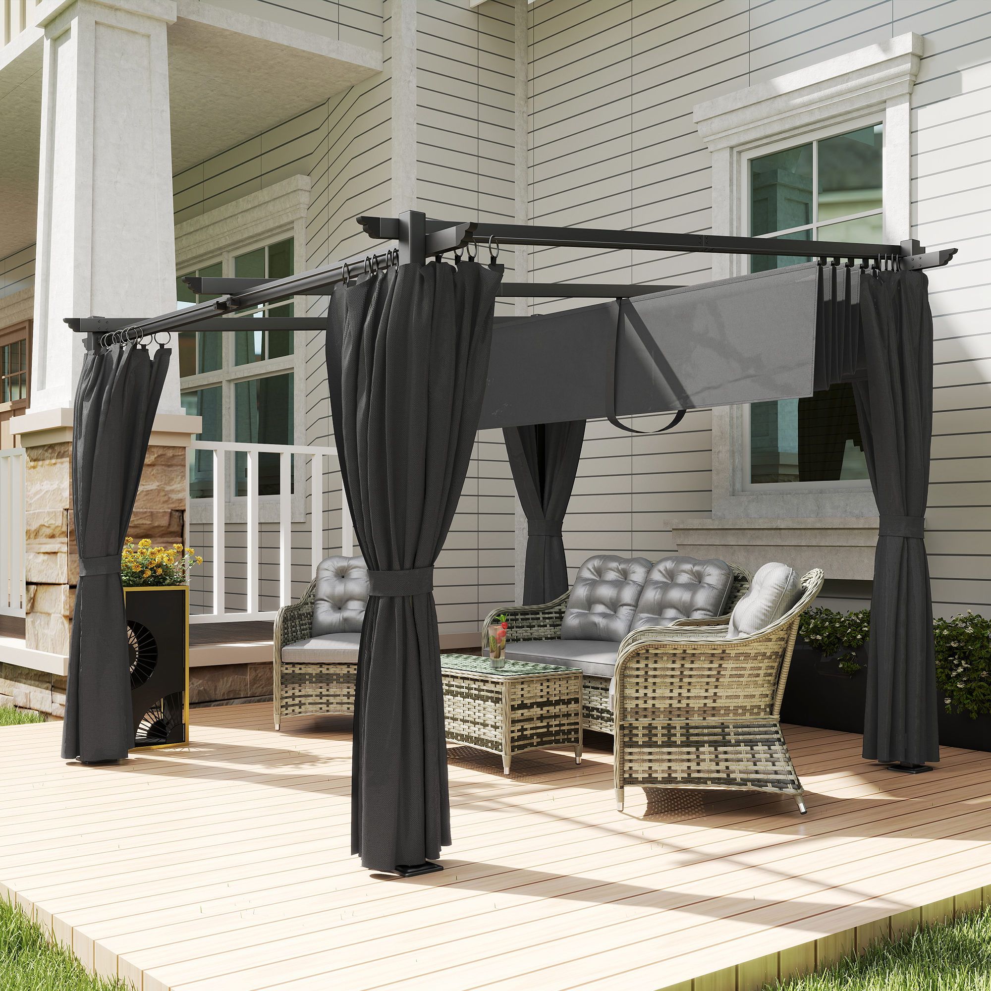 3 X 3(m) Metal Pergola With Retractable Roof and Sidewalls, Grey