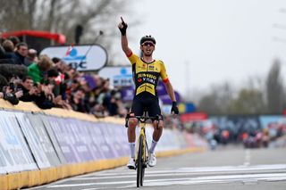 WAREGEM BELGIUM MARCH 29 Christophe Laporte of France and Team JumboVisma celebrates at finish line as race winner during the 77th Dwars Door Vlaanderen 2023 Mens Elite a 1837km one day race from Roeselare to Waregem DDV23 on March 29 2023 in Waregem Belgium Photo by Tim de WaeleGetty Images