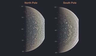 Images of Jupiter's north and south poles captured by NASA's Juno spacecraft on Aug. 27, 2016.