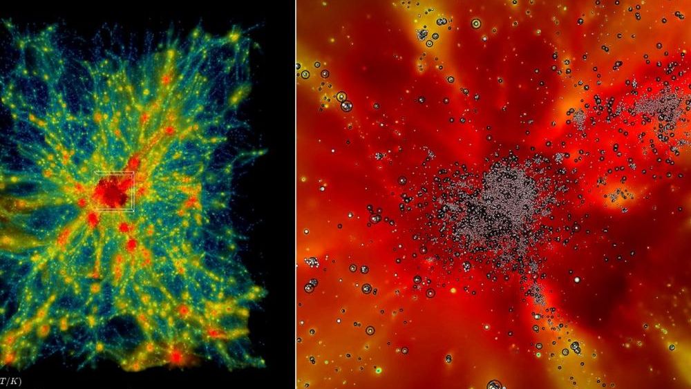 side by side images show a splotch of green and blue in a black canvas with a red center, and a red yellow canvas on the right, with dark granules scattered around.