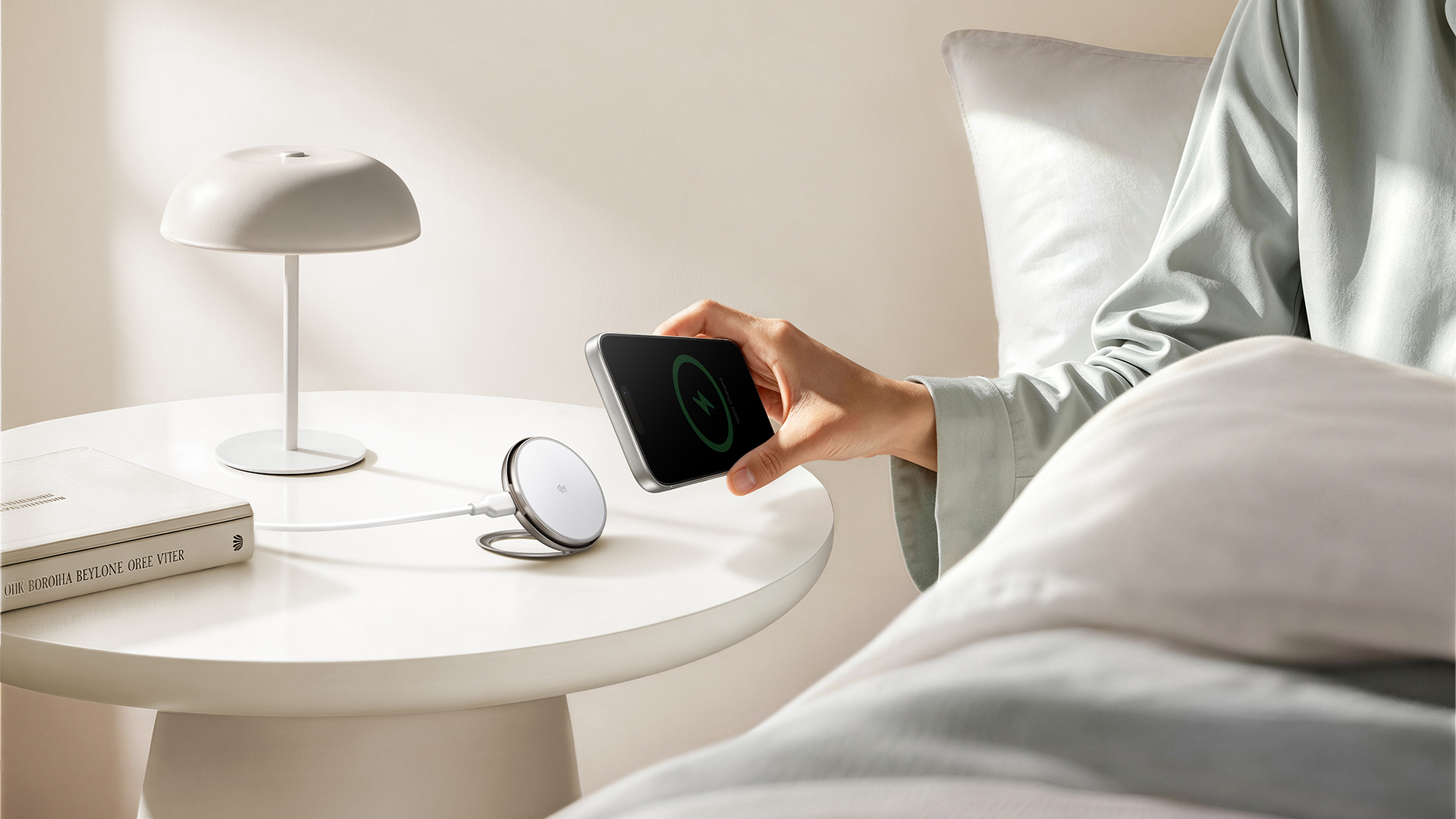 ESR Cyclone 25W Magnetic Charging Pad with CryoBoost on a bedside table.