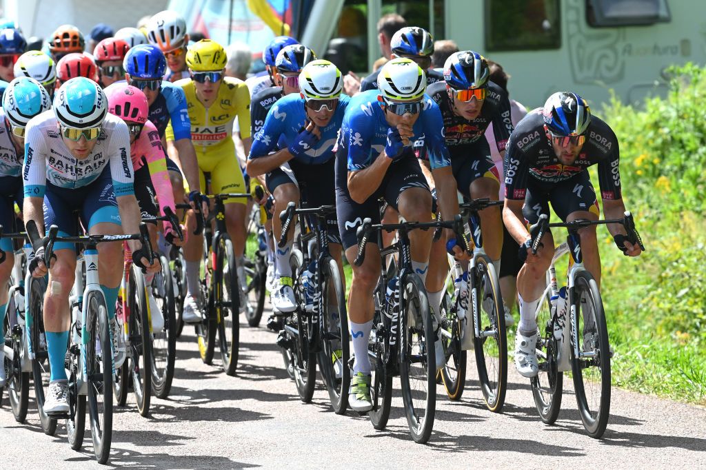 DIJON FRANCE JULY 04 LR Fred Wright of The United Kingdom and Team Bahrain Victorious Tadej Pogacar of Slovenia and UAE Team Emirates Yellow Leader Jersey Enric Mas of Spain and Movistar Team Danny van Poppel of Netherlands and Nico Denz of Germany and Team Red Bull BORA hansgrohe compete during the 111th Tour de France 2024 Stage 6 a 1635km stage from Macon to Dijon UCIWT on July 04 2024 in Dijon France Photo by Dario BelingheriGetty Images