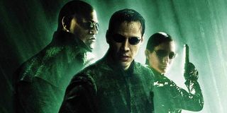 The Matrix Revolutions Morpheus, Neo, and Trinity bathed in green code