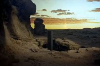 A monolith placed on Earth by aliens in "2001: A Space Odyssey."