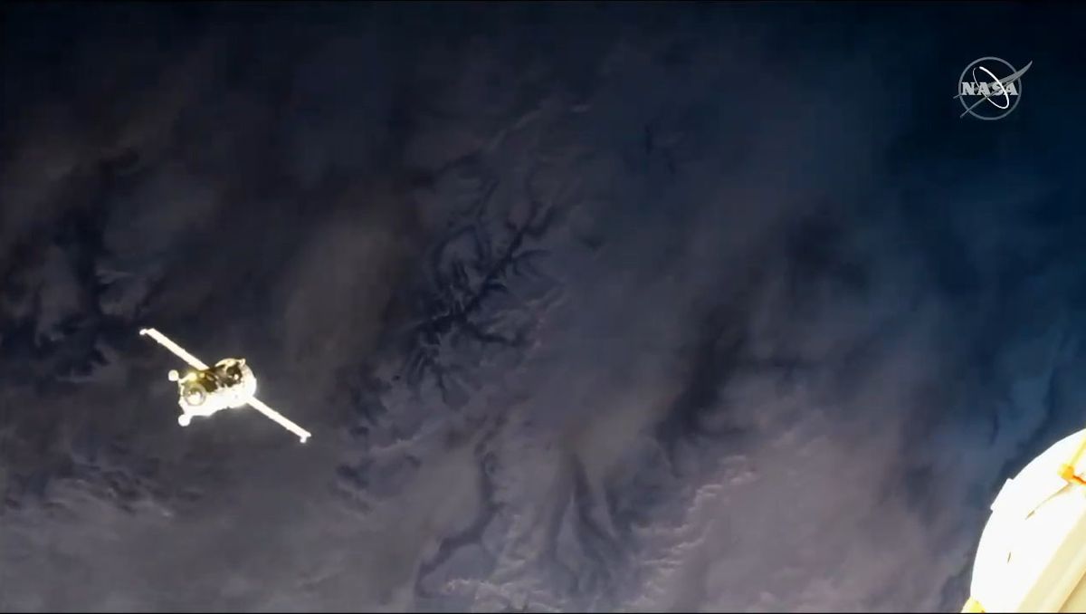 The Russian Progress 74 cargo ship is seen moments before docking at the International Space Station on Dec. 9, 2019 to deliver more than 2.5 tons of supplies for the outpost's Expedition 61 crew.