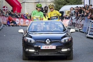 Stars Peter Sagan and Chris Froome get a lap in the pace car in Natourcriterium Aalst