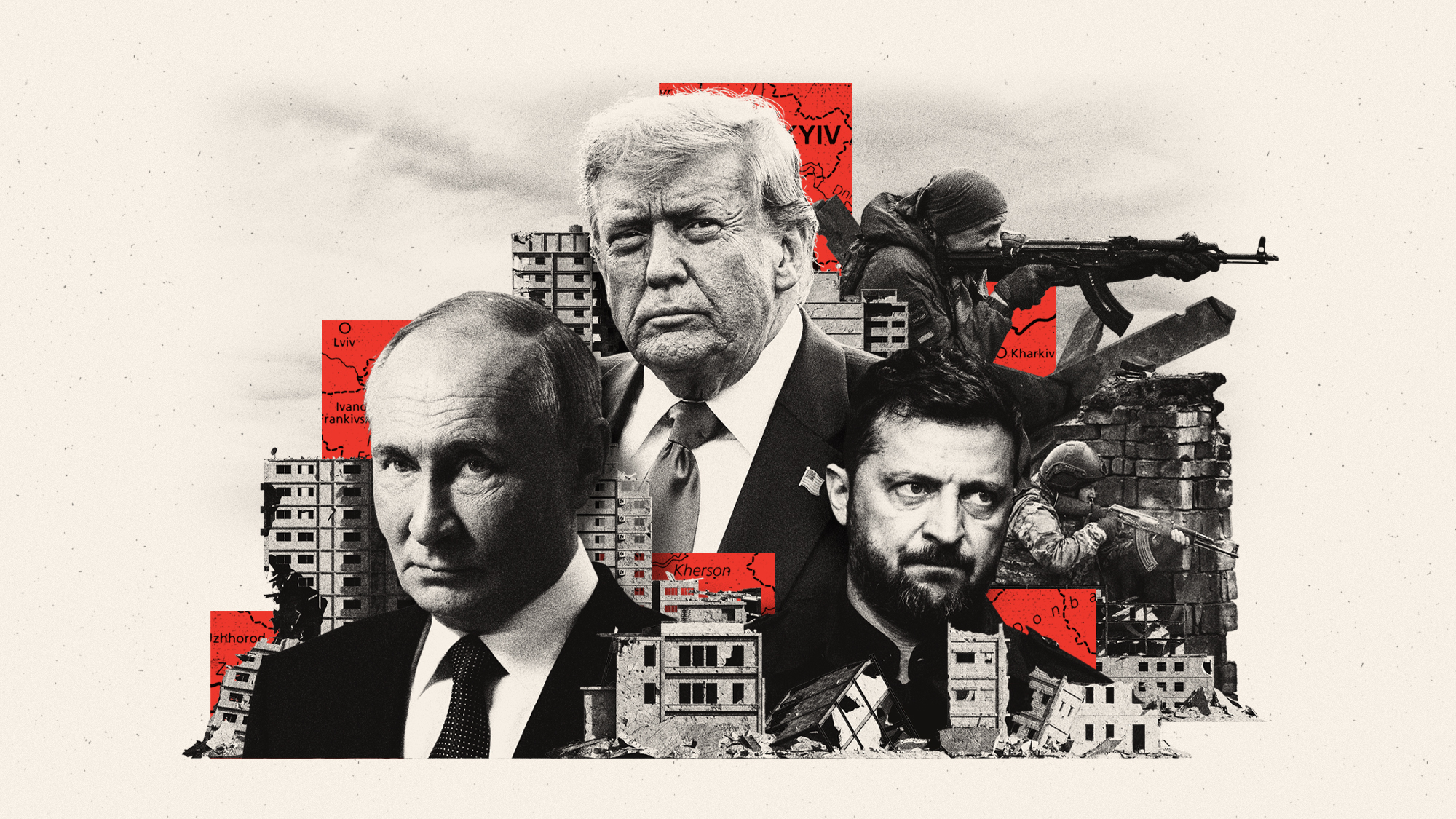Photo composite illustration of Donald Trump, Vladimir Putin, Volodymyr Zelenskyy and Ukrainian soldiers fighting amidst rubble