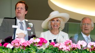 Tom Parker Bowles, Queen Camilla and King Charles watch the racing on day one of Royal Ascot 2023