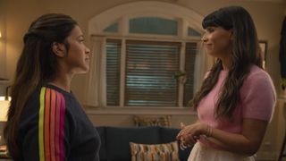 Gina Rodriguez and Hannah Simone as Nell and Sam talking in Not Dead Yet season 2
