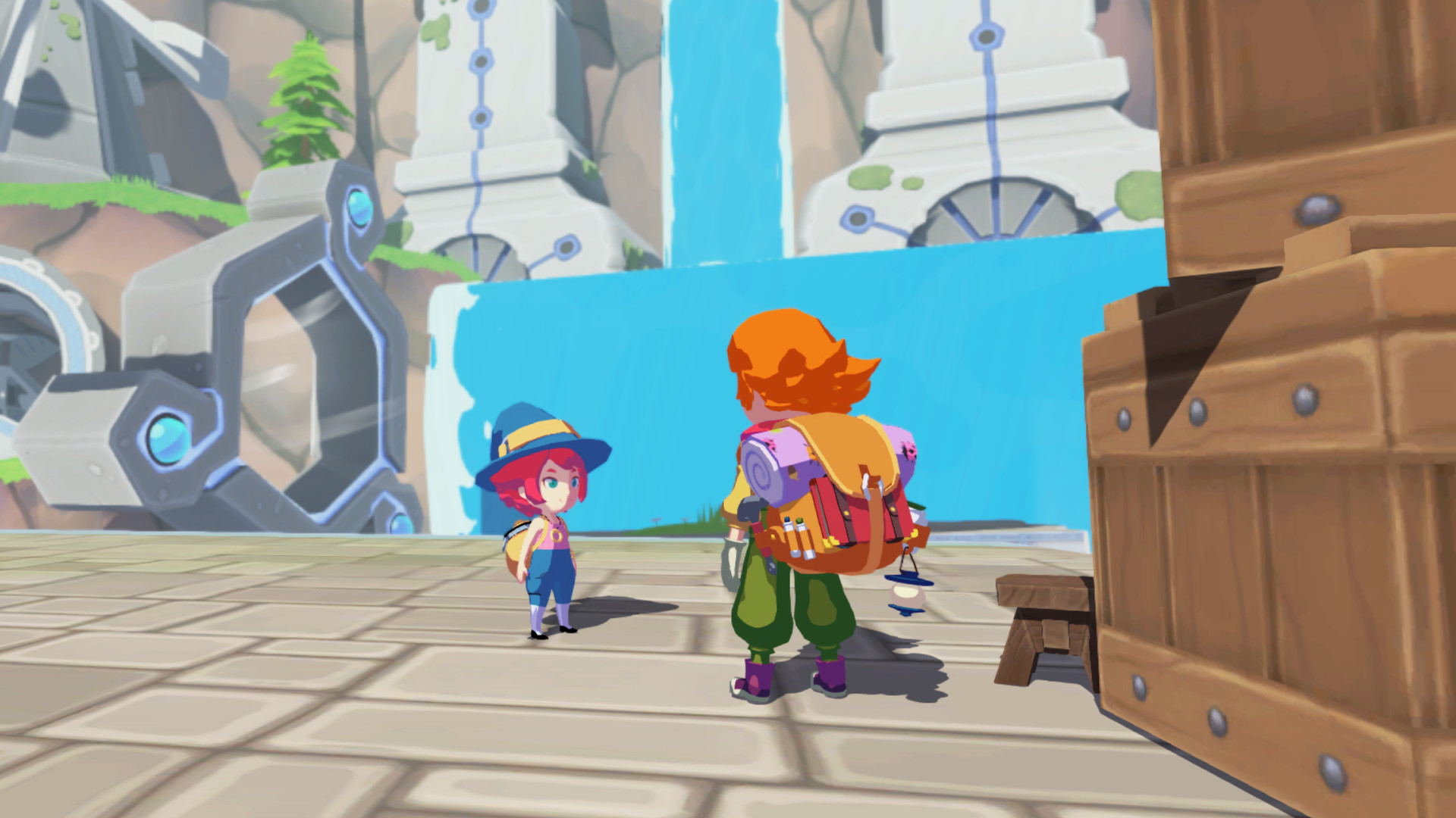Mika talking to an adventurer with ruins and waterfall visible behind