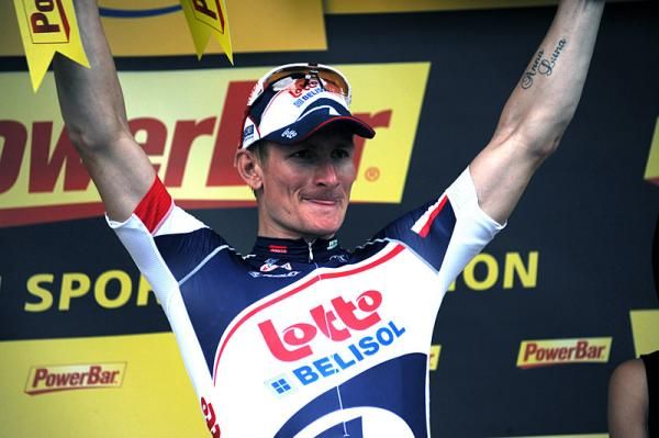 Andre Greipel (Lotto Belisol) on the podium after winning his second straight stage at the Tour de France.