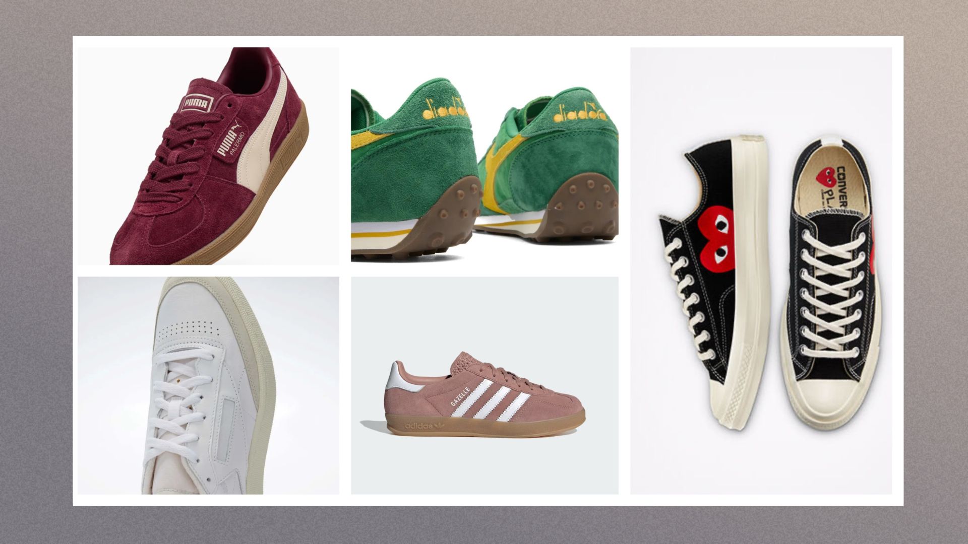 Five images of trainers sliced together including Puma / Diadora / Reebok / Adidas / Converse