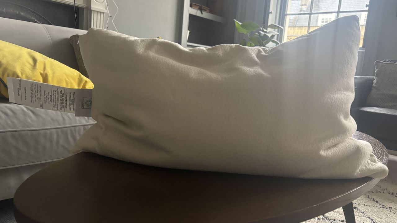 The Birch Organic Pillow propped up on a on a coffee table.