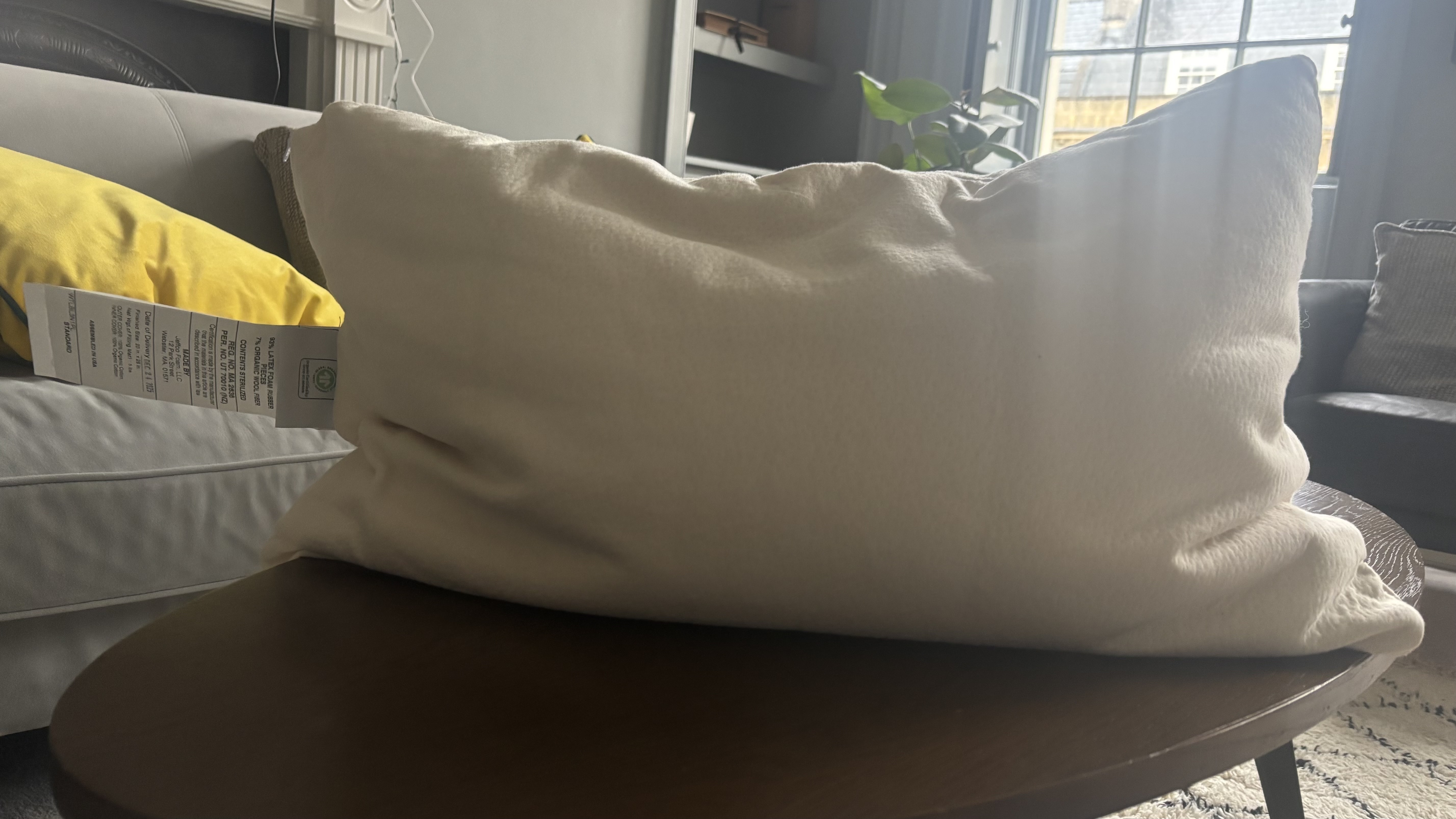 The Birch Organic Pillow propped up on a on a coffee table.