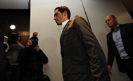 Alberto Contador enters a press conference on February 7, 2012.