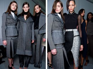 Two side-by-side photos of female models wearing looks from the Ports 1961 collection. In the first photo there are three models standing next to each other. One model is wearing a white shirt, grey jacket and grey and black skirt. The second model is wearing a long grey coat and dark grey trousers. And the third model is wearing a black top, grey jacket and grey trousers with black side stripe. In the second photo there are four models. The first model is wearing a white shirt, grey jacket and grey and black skirt. Next to her is a model wearing a black top with semi-sheer sleeves and a black and light grey crocodile print skirt with front split. In the background there are two models, one is wearing a dark blue dress and the other is wearing a brown turtle neck, chain and brown skirt