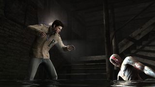 Alex approaches a monster emerging from water in a flood basement in Silent Hill: Homecoming