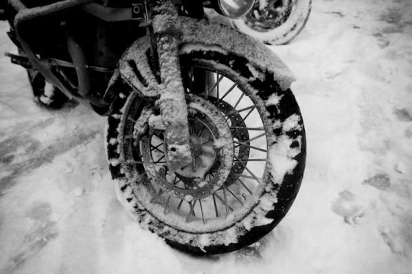 Ice buildup like this would have been disastrous on the skinny-tired road bikes