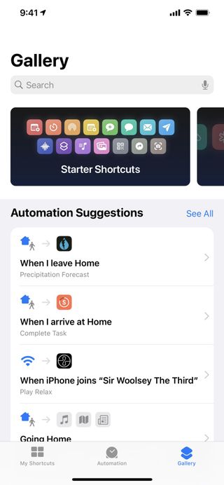 Screenshot of the Shortcuts gallery showing the rotating banners and Automation Suggestions at the top.