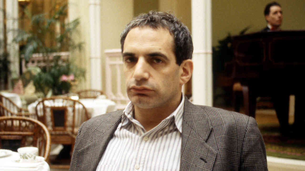 Steely Dan’s Donald Fagen seated in a hotel lobby in the early 1990s