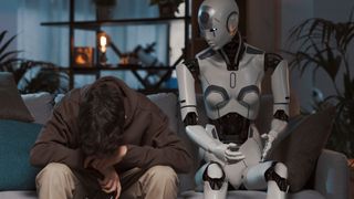 Sad boy losing a video game, he is playing with an AI robot
