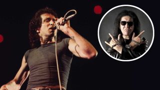 Bon Scott onstage and (inset) Gene Simmons throwing the horns