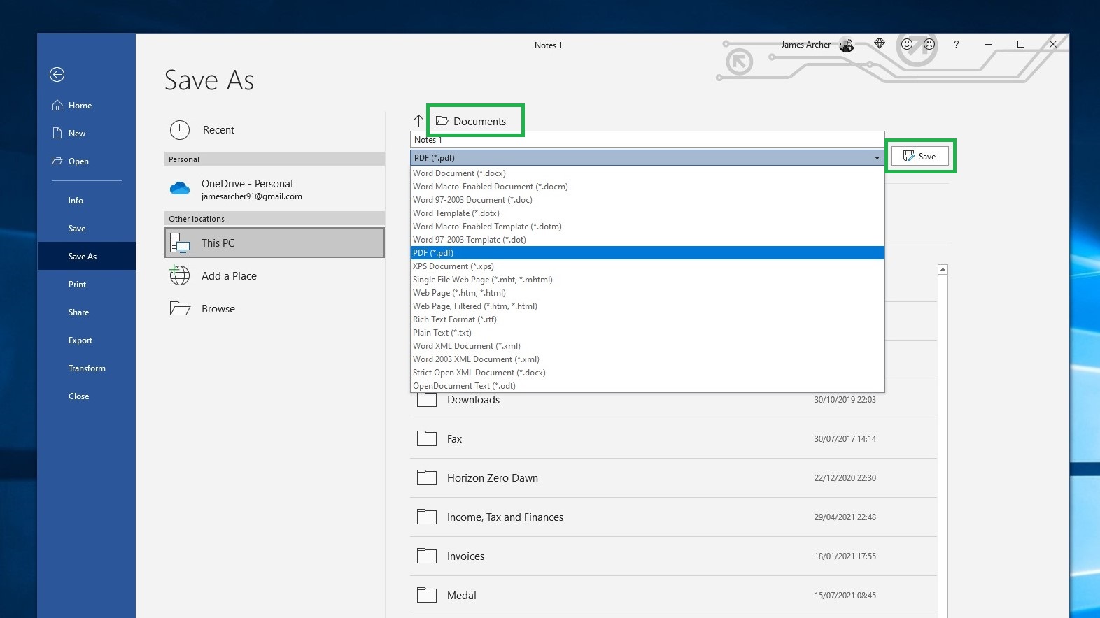 How to save a Word document as a PDF step 3: Check save location, select PDF from drop-down file type list and click Save