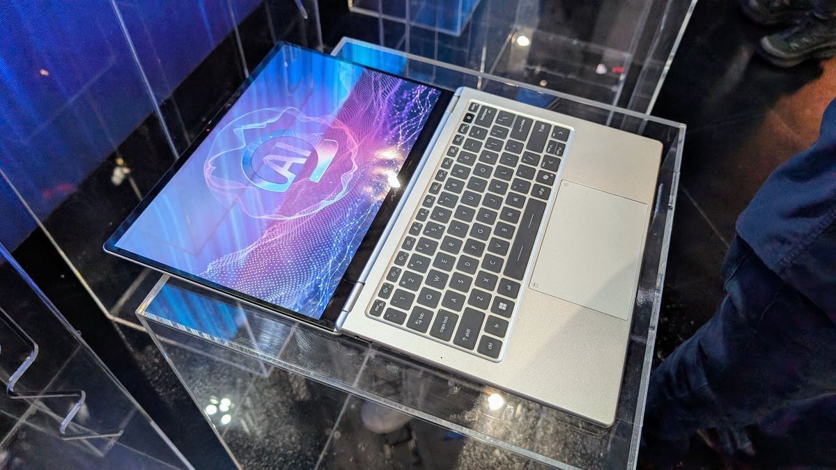 Unnamed MSI Panther Lake business laptop with screen folded flat at Computex 2025
