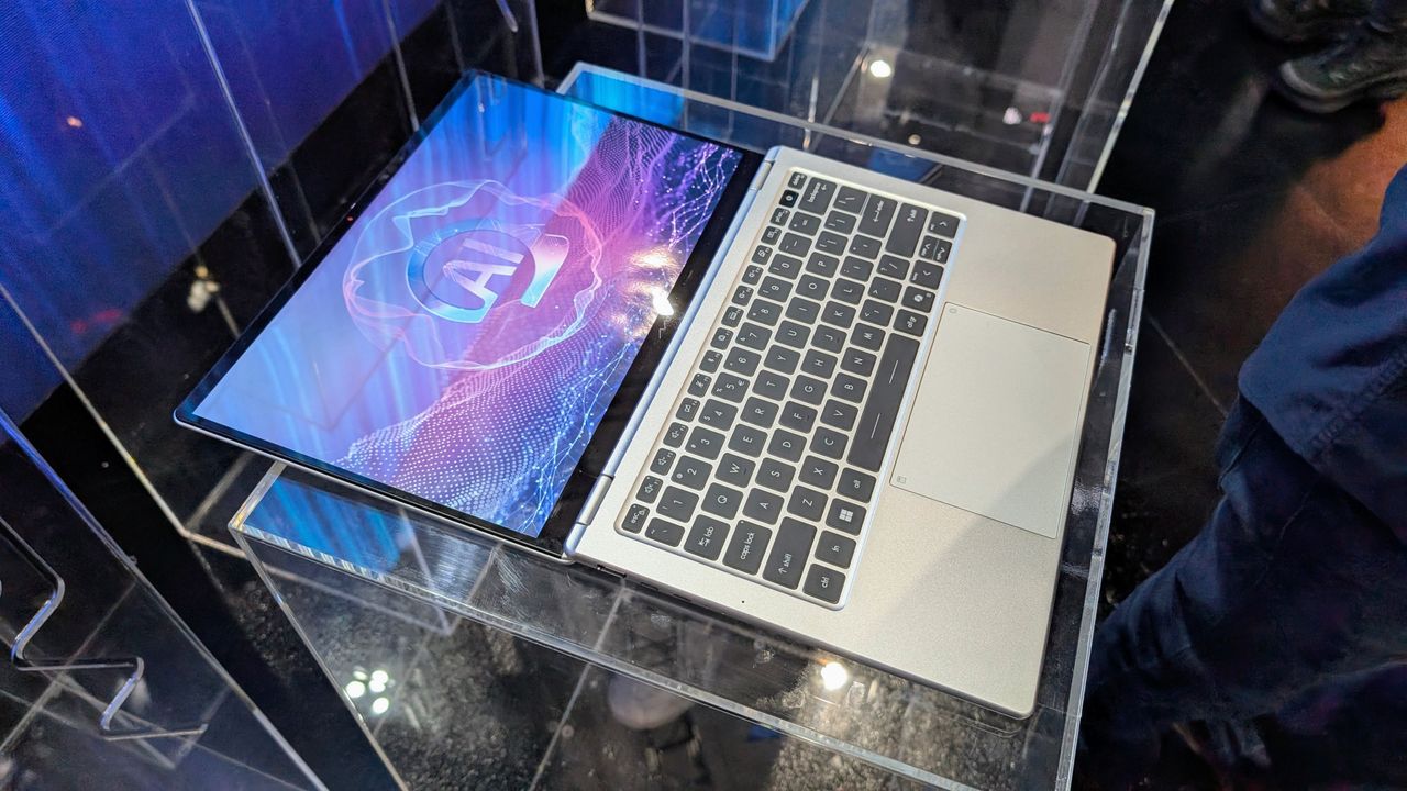 Unnamed MSI Panther Lake business laptop with screen folded flat at Computex 2025