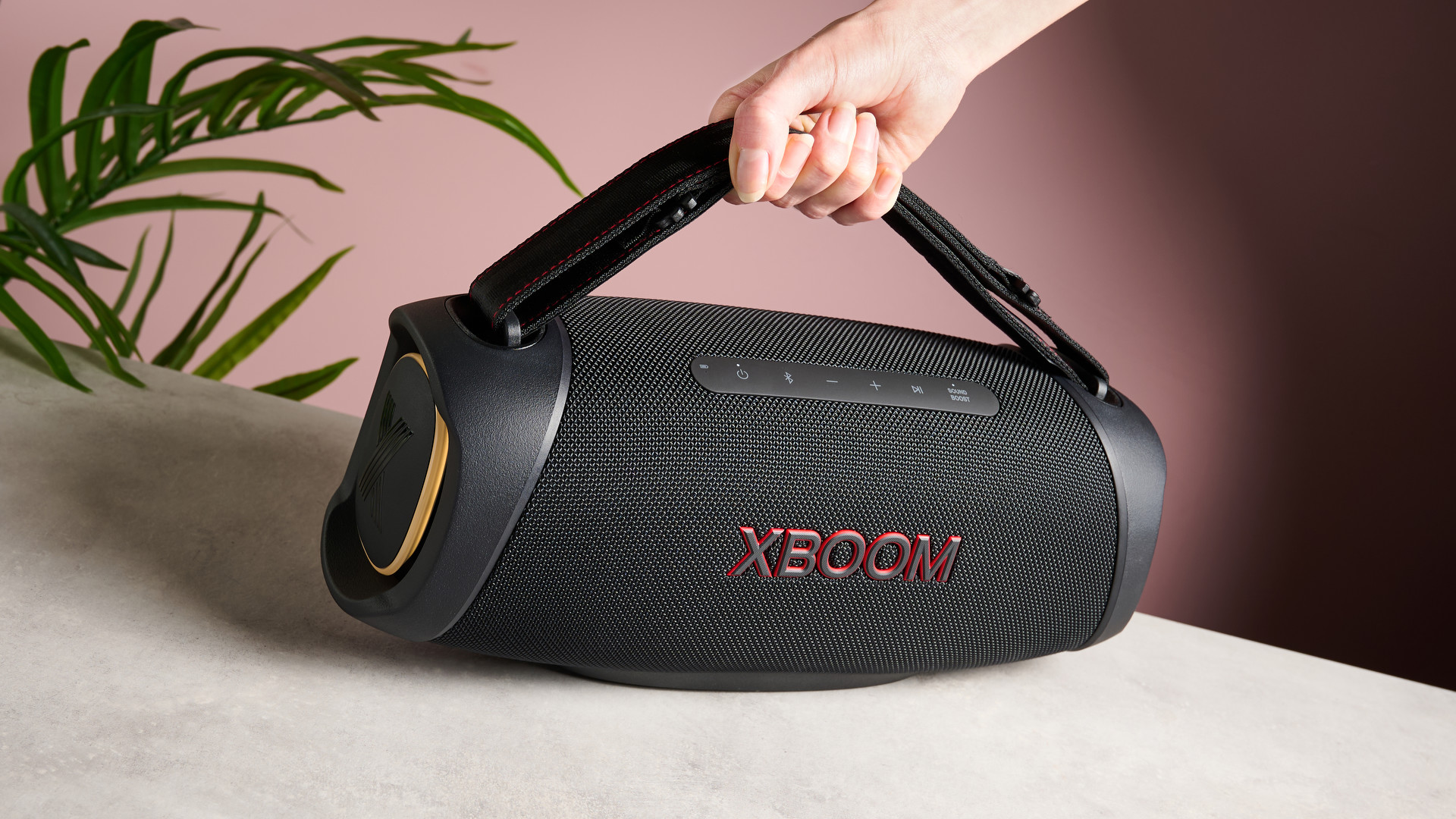 Person holding the LG XBoom Go XG8T by its handle