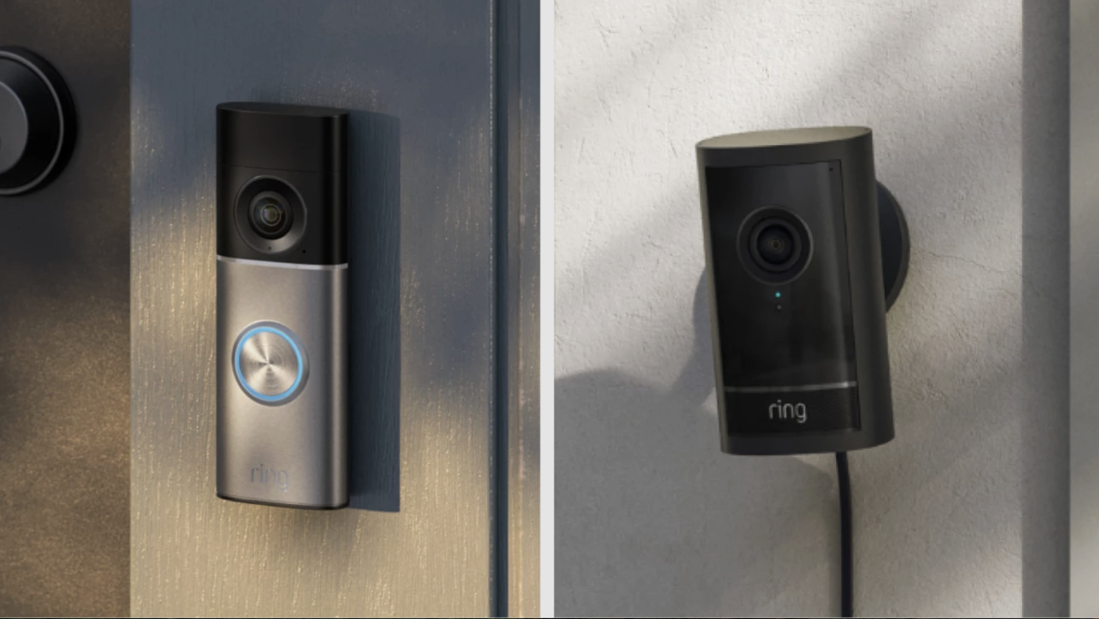 A split image showing a silver and black Ring Video Doorbell mounted on a door frame on the left, and a black Ring security camera mounted on a wall on the right.